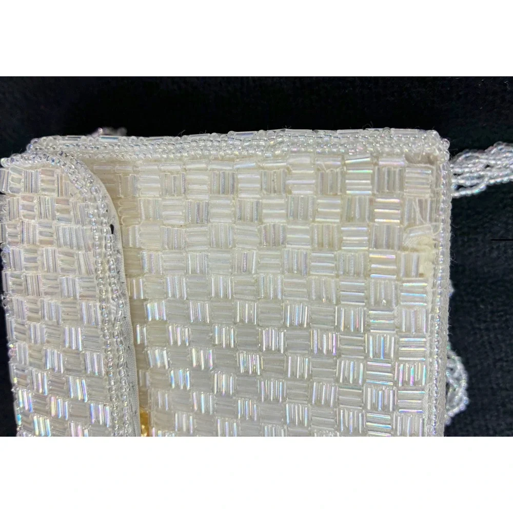 Vintage Iridescent White Beaded Evening Clutch Crossbody Bag Basketweave Pattern
